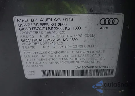 2016 Audi Q5 3.0T Premium Plus from USA, damaged, VIN WA1D7AFP1GA130892